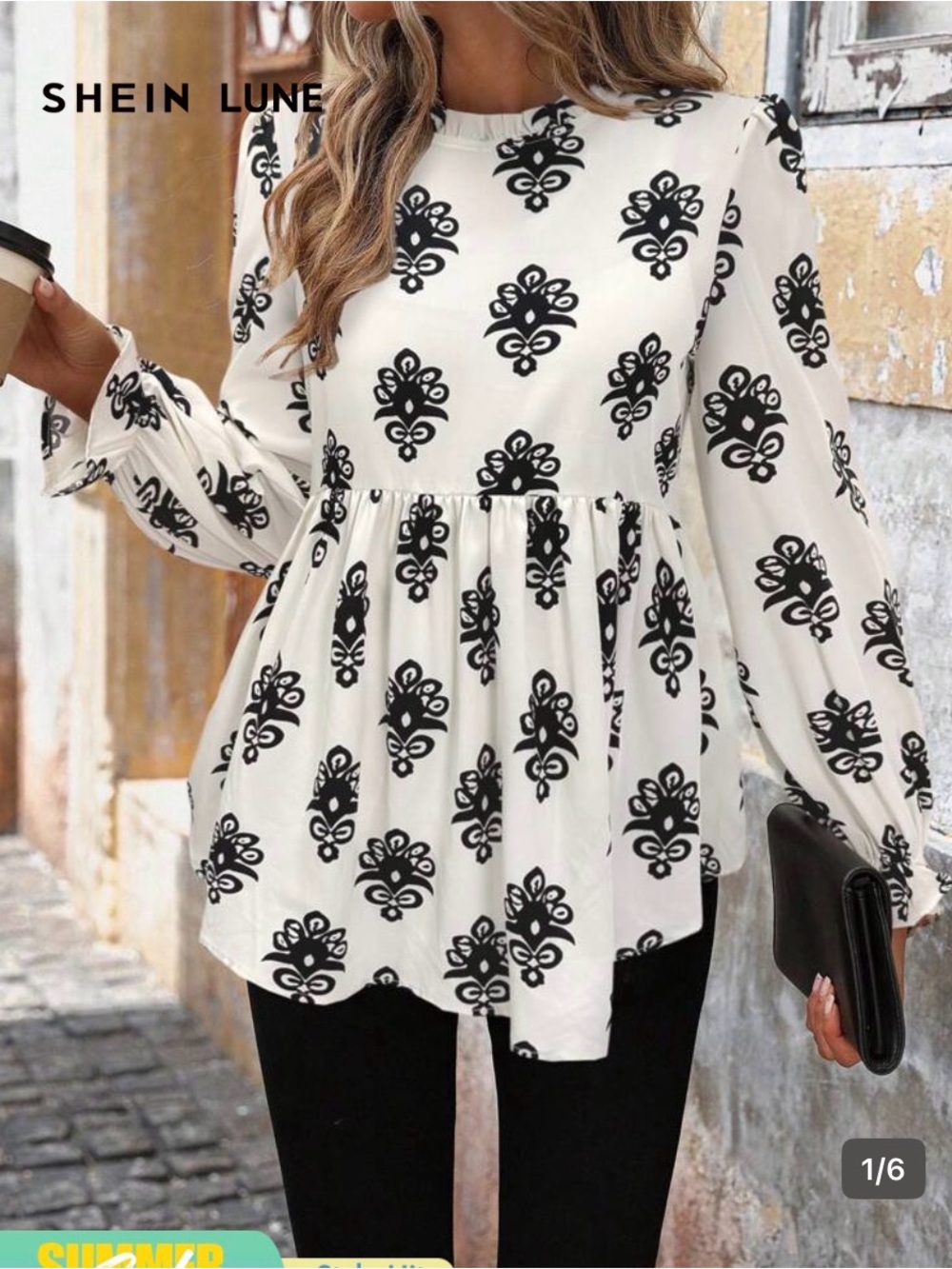 SHEIN Cream Peplum Blouse with Black Floral Motif